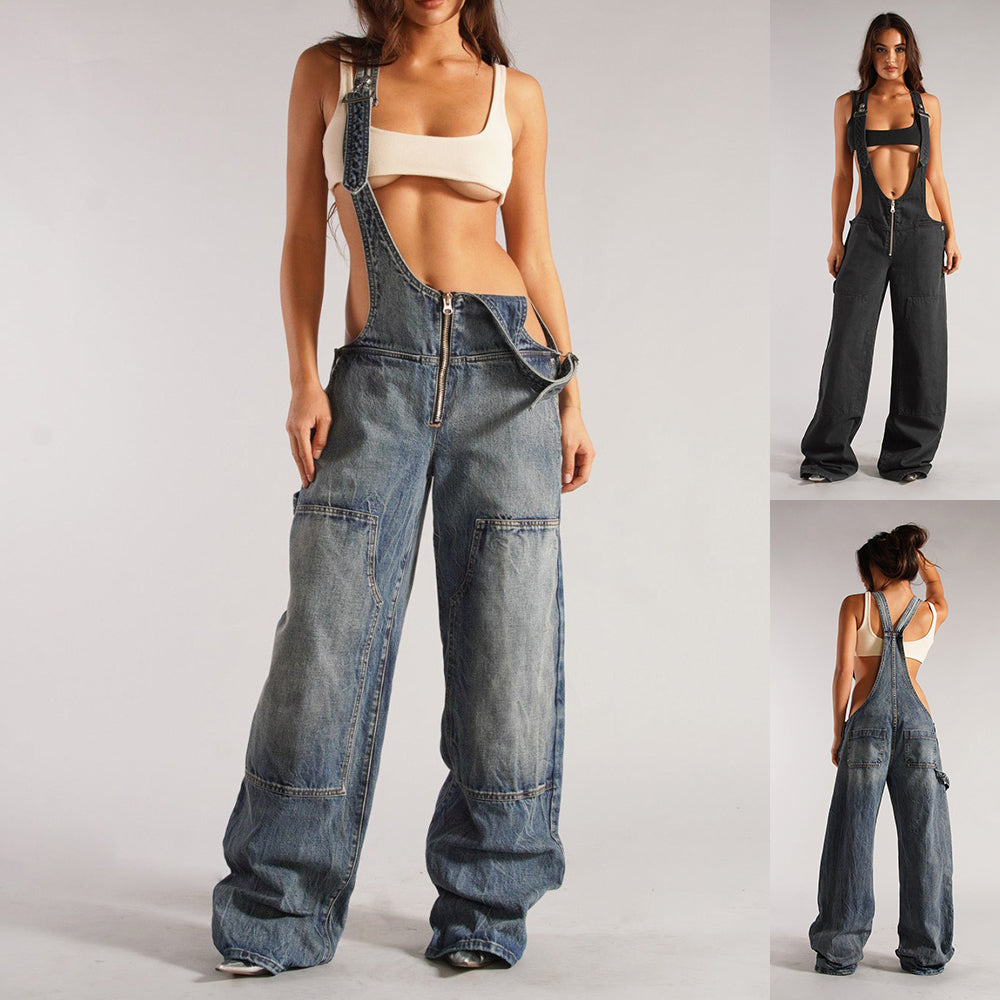 Elevate Your Street Style with Y2K Denim Overalls - Women's Loose-Fit Suspender Jumpsuit Featuring Pockets