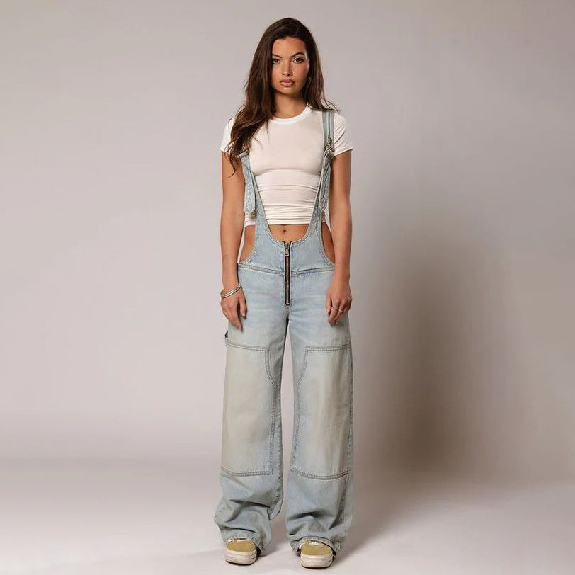 Elevate Your Street Style with Y2K Denim Overalls - Women's Loose-Fit Suspender Jumpsuit Featuring Pockets
