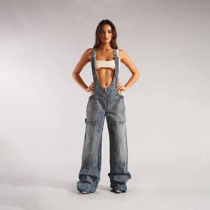 Elevate Your Street Style with Y2K Denim Overalls - Women's Loose-Fit Suspender Jumpsuit Featuring Pockets