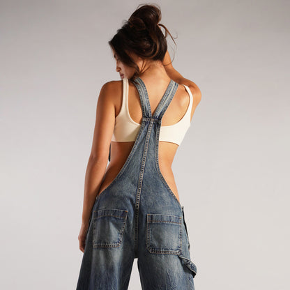 Elevate Your Street Style with Y2K Denim Overalls - Women's Loose-Fit Suspender Jumpsuit Featuring Pockets