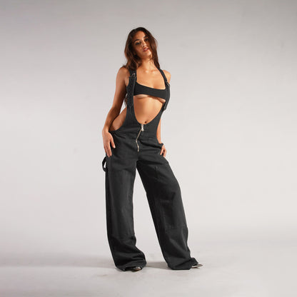 Elevate Your Street Style with Y2K Denim Overalls - Women's Loose-Fit Suspender Jumpsuit Featuring Pockets