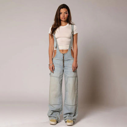 Elevate Your Street Style with Y2K Denim Overalls - Women's Loose-Fit Suspender Jumpsuit Featuring Pockets